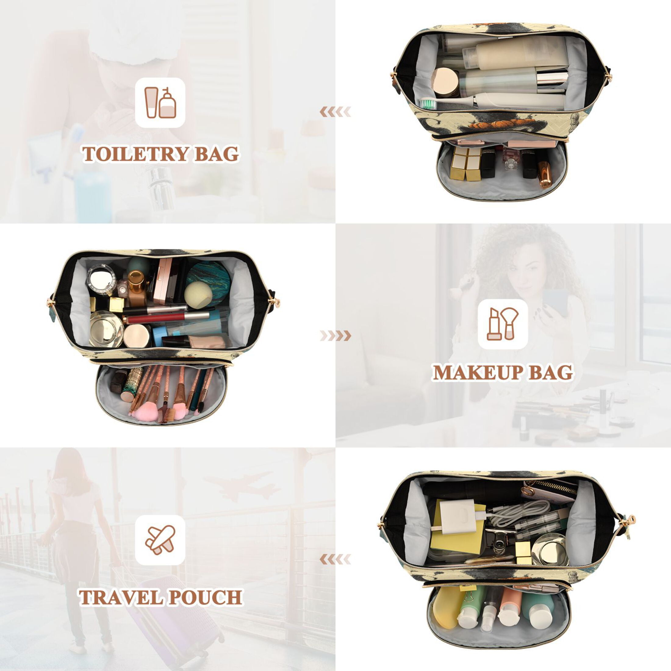 Wavy Quilted Cosmetic Bag Large-Capacity Travel Toiletry Organizer Includes 9-Piece Portable Travel Bottle Set Evil Skeleton Wizard