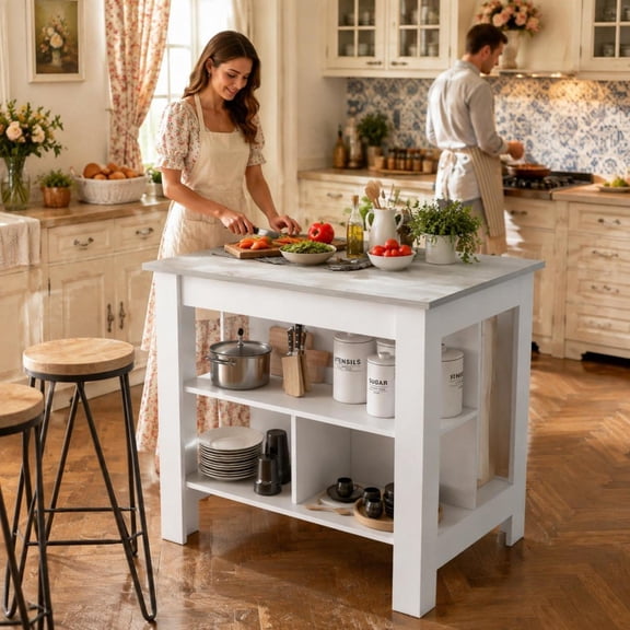 Kitchen Island, white with Ibiza marble finish, 4 legs, 3 shelves, 30-inch leg clearance, fits 2 stools