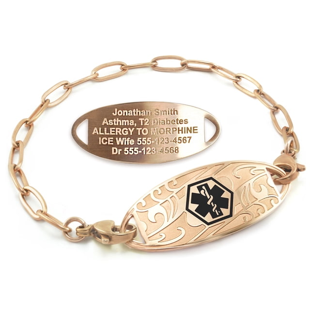 MedicEngraved Rose Gold Stainless Steel Custom Medical Alert Bracelet - 4mm Paperclip Link