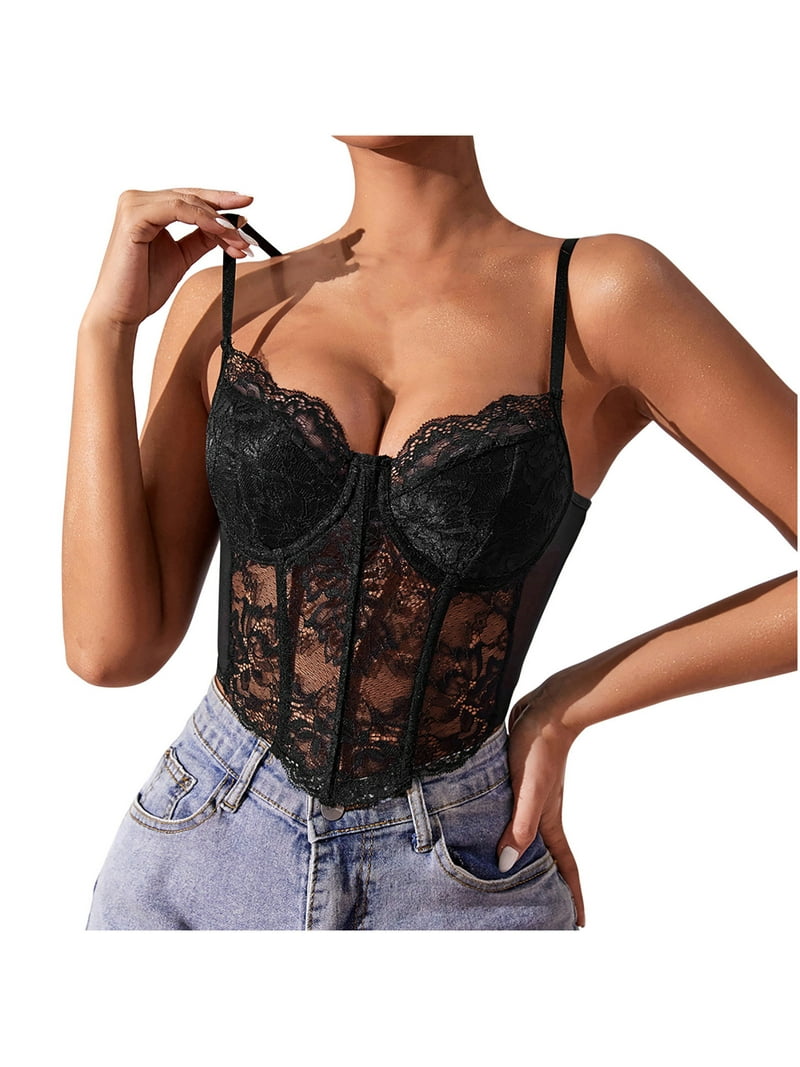 RQYYD Clearance Women's Lace Trim Corset Spaghetti Strap Asymmetrical Hem Shapewear Cami Tank Top Going Out Corset Bustier Tops Black S - Walmart.com