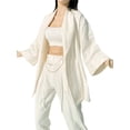 thumbnail image 3 of Franhais Women's Leisure  Loungewear Sets Fashion Loose Long Sleeve Lapel Tops + Solid Color Drawstring Pants 2PCS, 3 of 9