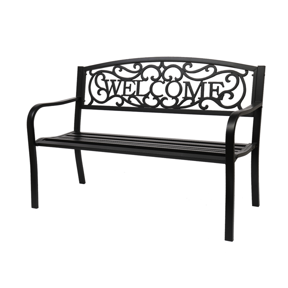 50" Welcome Outdoor Bench - Heavy Duty 750LB Cast Iron Patio Bench w/ Decorative Backrest | All-Weather Garden Seating for Porch, Yard & Entryway (Antique Black)