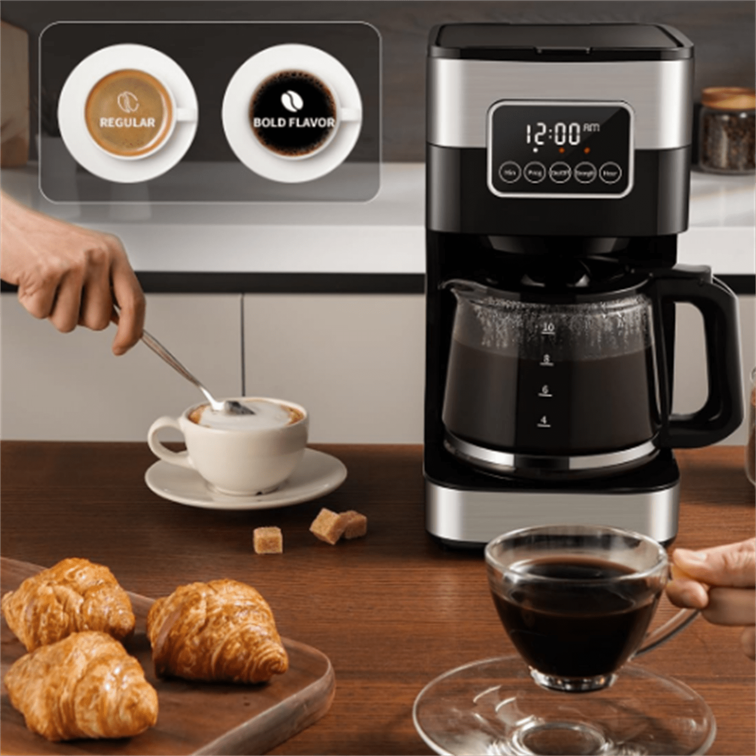 10-Cup Programmable Coffee Maker, Regular & Strong Brew Drip Coffee Machine for Home and Office, Auto Shut Off, Permanent Filter, Silver