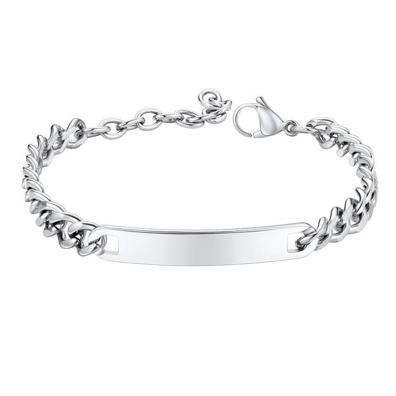 FindChic ID Bracelets for Women Silver Stainless Steel Blank Bar Bracelet Cuban Link Chain Bangle Birthday Mothers Day Jewelry Gifts Her Mom Wife Adults Ideas, 7inch