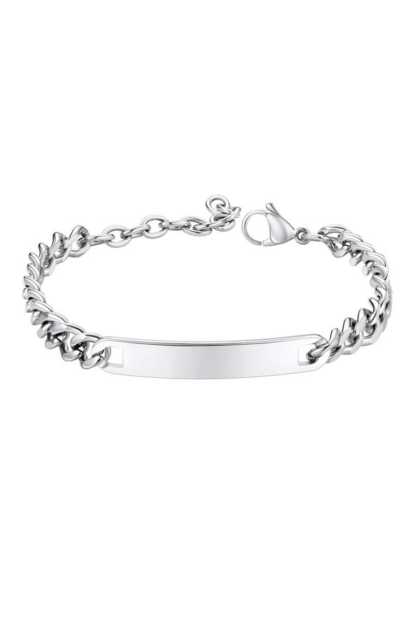 ID Bracelets for Women Silver Stainless Steel Blank Bar Bracelet Cuban Link Chain Bangle Birthday Mothers Day Jewelry Gifts Her Mom Wife Adults Ideas, 7inch