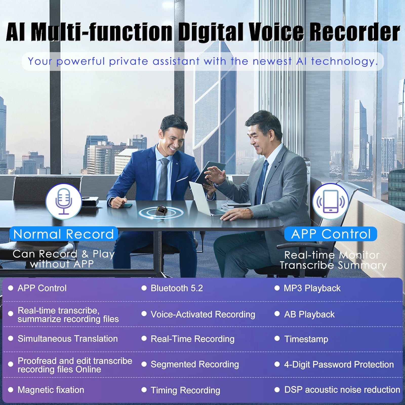 RONY 128GB Digital Voice Recorder with APP Control, 9360 Hours 3072kbps HD Audio Recorder with Transcribe Summarize Translation for Lectures Meetings Interviews, Black