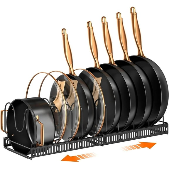 Carestrong Pot Lids Organizer Rack for Cabinet and Countertop, 7  Pan Lids and Bakeware Organizer Rack Holder with 7 Adjustable Compartments - Brown