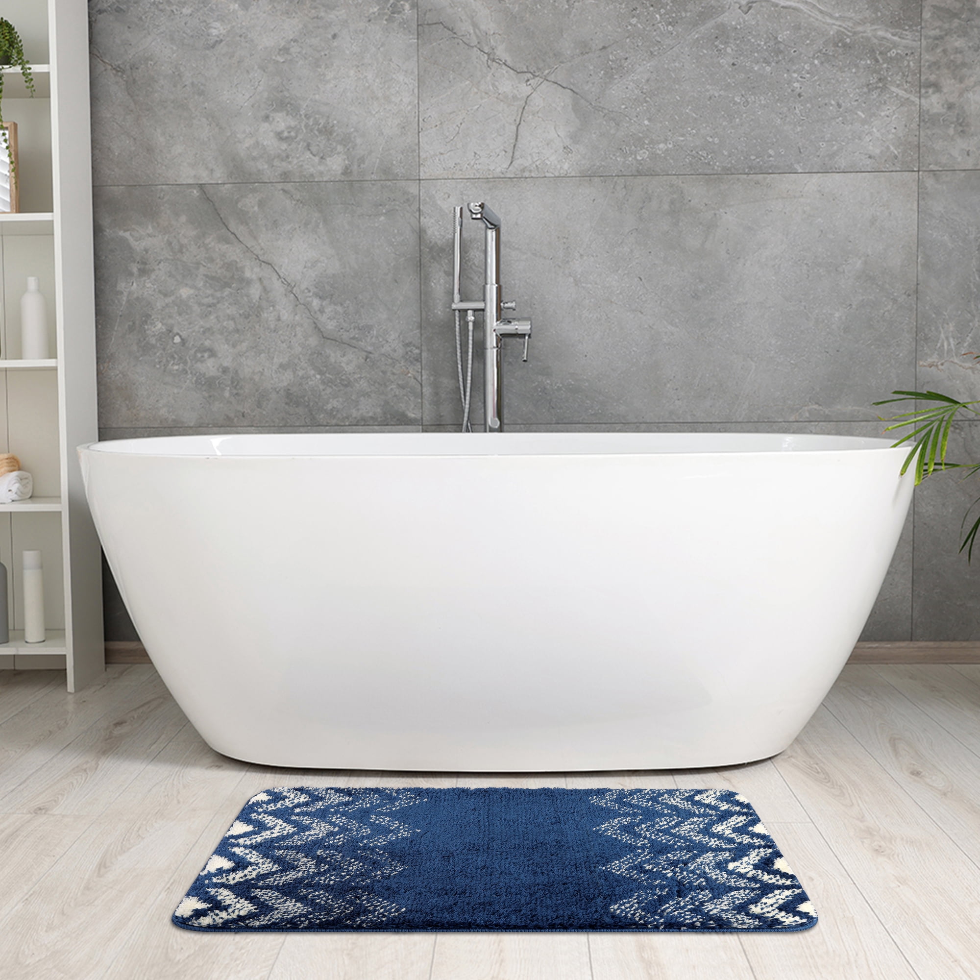 Unique Bargains 2 Pcs Geometric Patterns Bathroom Mats Absorbent Non-Slip Bath Rugs Blue 16" x 24"/20" x 32"