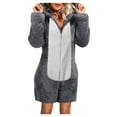 thumbnail image 3 of BiZtdJrK Women's Fuzzy Fleece Zip Up Jumpsuits Fashion Color Block Cat Ear Hooded Rompers Casual Plush Long Sleeve Onesies Shorts Loungewear, Dark Gray, XL, 3 of 7