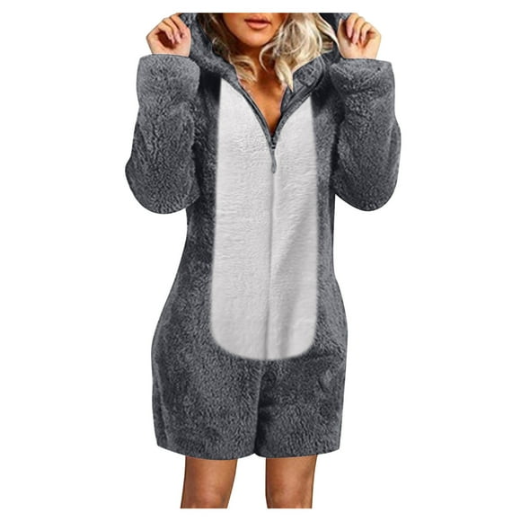 jsaierl Women's Winter Warm Sherpa Romper Fuzzy Fleece Onesie Pajama One Piece Zipper Hooded Jumpsuit Sleepwear Playsuit Christmas Pajamas