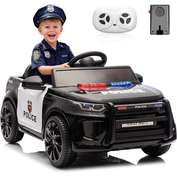 12V Ride-On Police Car with 2.4GHz Remote Control, Dual 35W Motors, 12V 4.5Ah Battery, Flashing Emergency Lights, Megaphone, Bluetooth Speaker, USB, LED Headlights, Suspension, 66 lb Capacity,Black