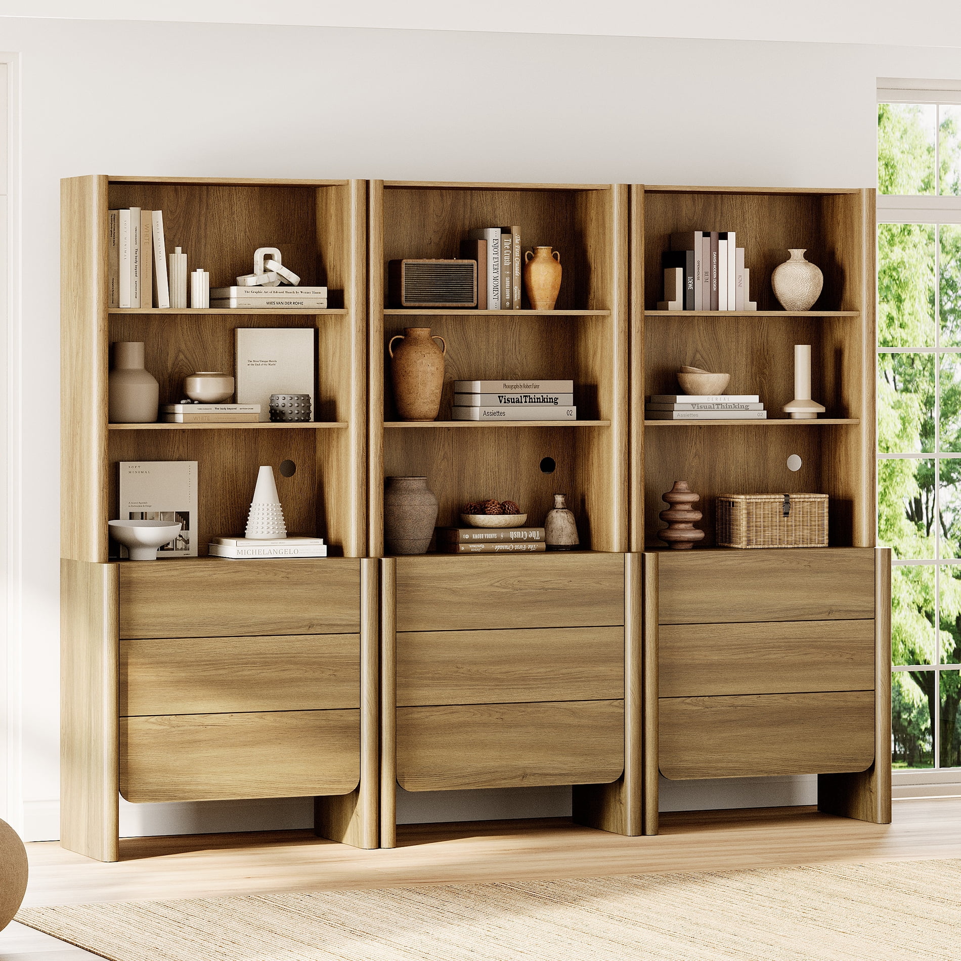 94.5-Inch Modern French Bookcase with Curved Edges, 9 Drawers and Open Shelving, 72.8" Tall, Walnut
