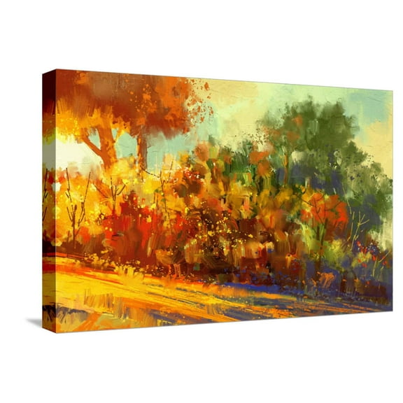 Art.com Landscape Painting of Beautiful Autumn Forest with Sunlight Stretched Canvas Print Wall Art by Tithi Luadthong, 24" x 16"