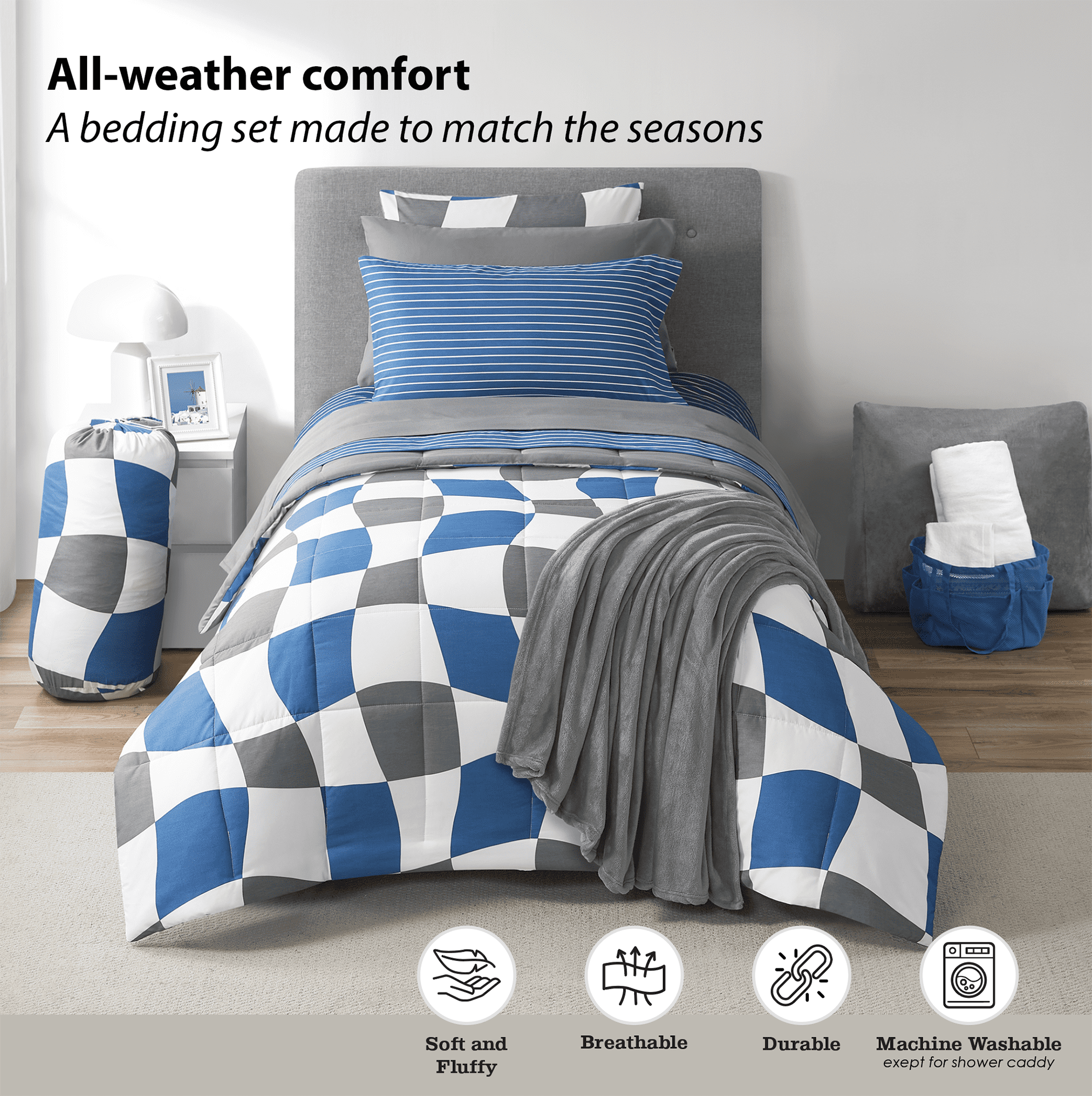 14pc College Dorm Essentials Bundle, Twin-XL, Reversible Bed in a Bag Comforter Set, Navy Checker