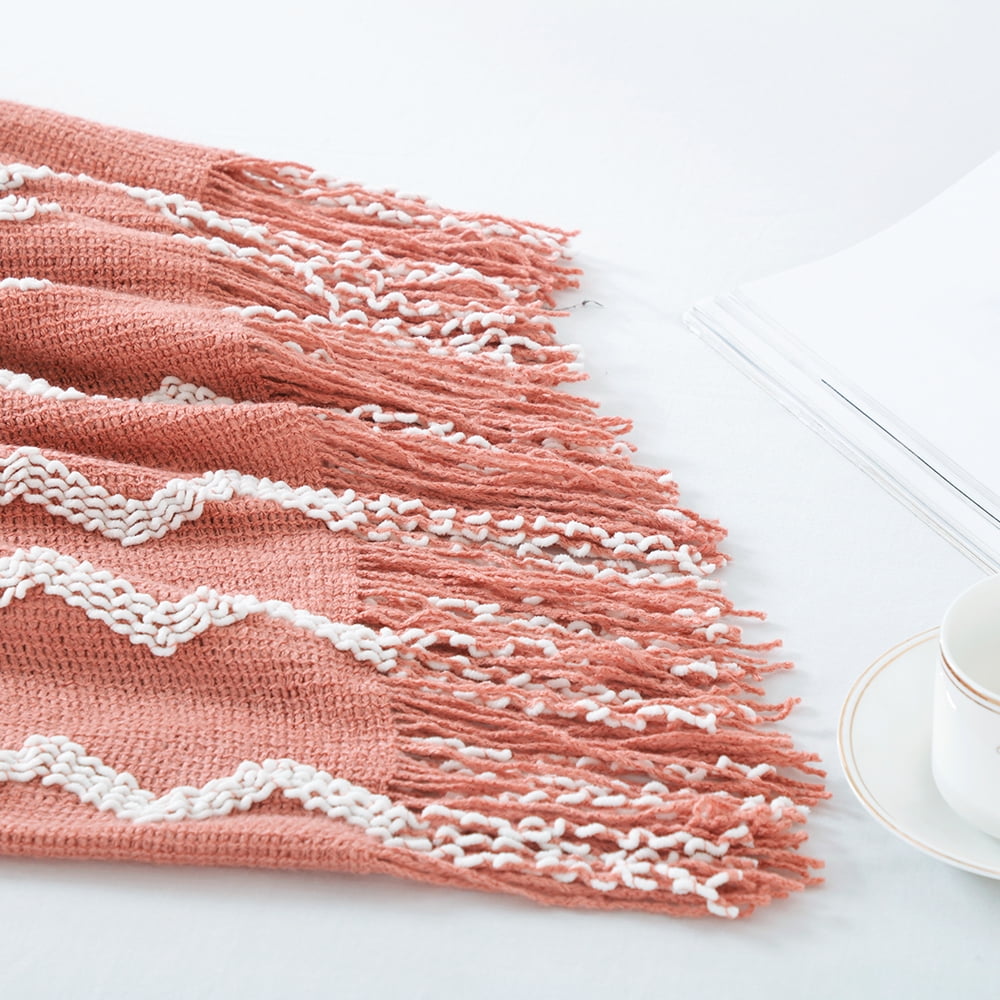 Bourina Fluffy Chenille Knitted Fringe Throw Blanket, Lightweight Soft Cozy Bed Sofa Chair Blanket, Coral Pink, 50" x 60"