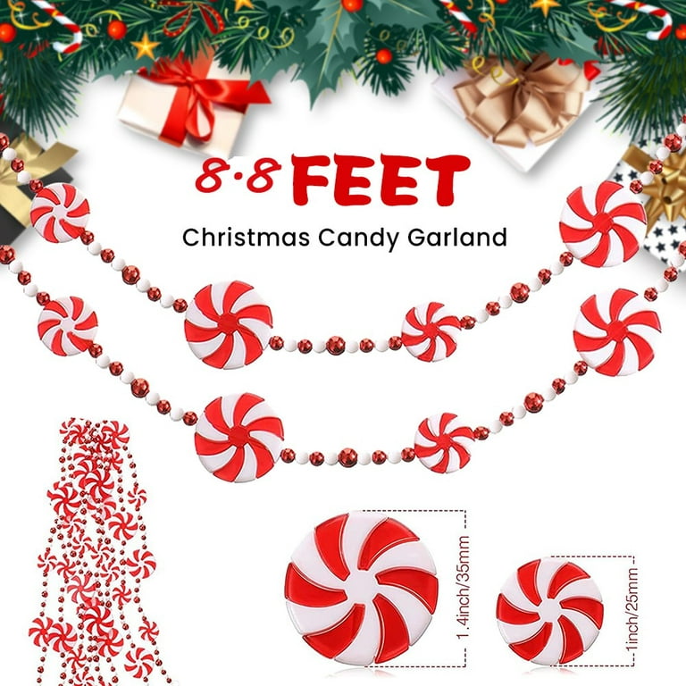 8.8 Ft Christmas Bead Garland Decor, Acrylic Red White Green Peppermint  Christmas Decor, Farmhouse Candy Bead Christmas Garland, Christmas Tree  Decor