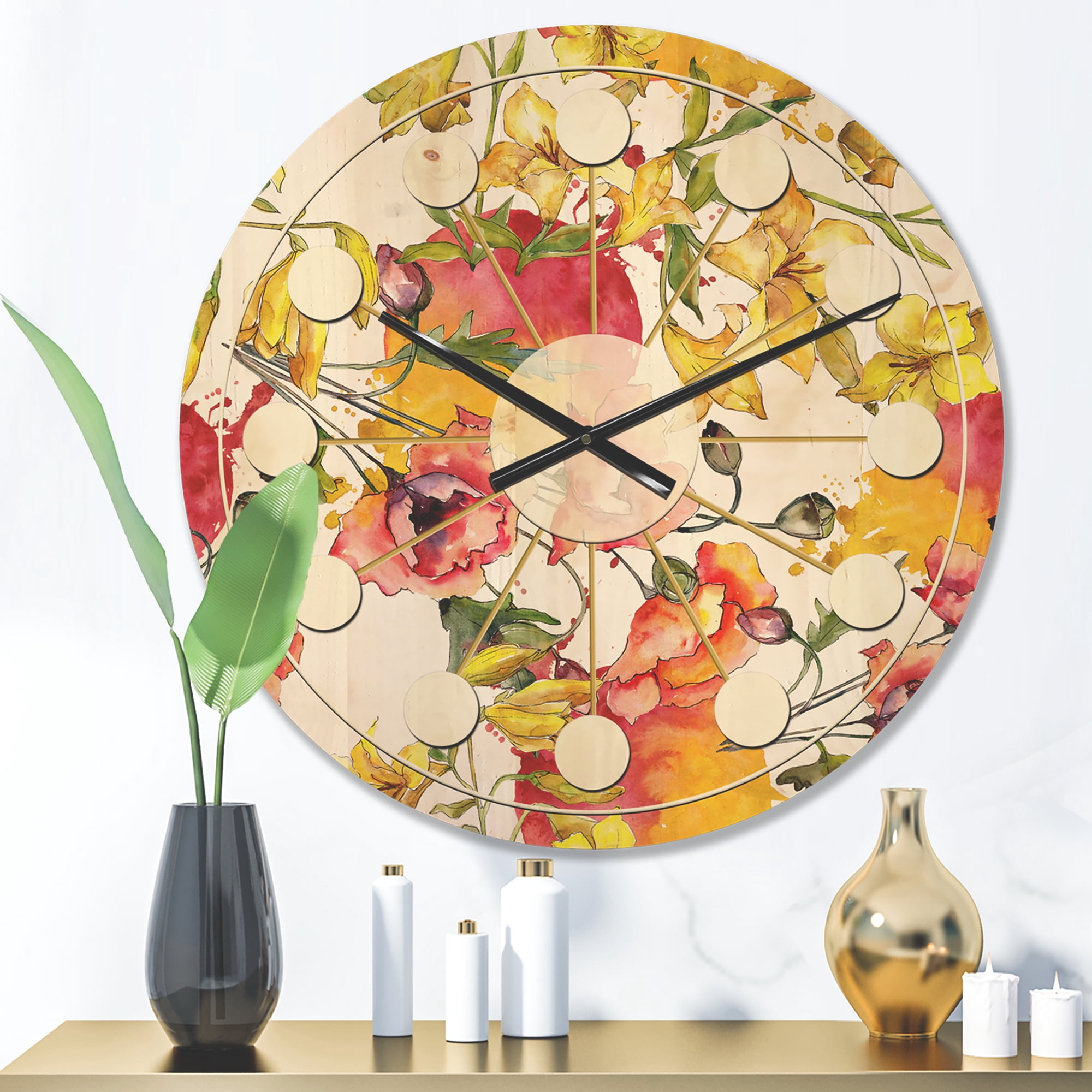 Designart 'Retro Abstract Poppies IV' Mid-Century Modern Wood Wall Clock