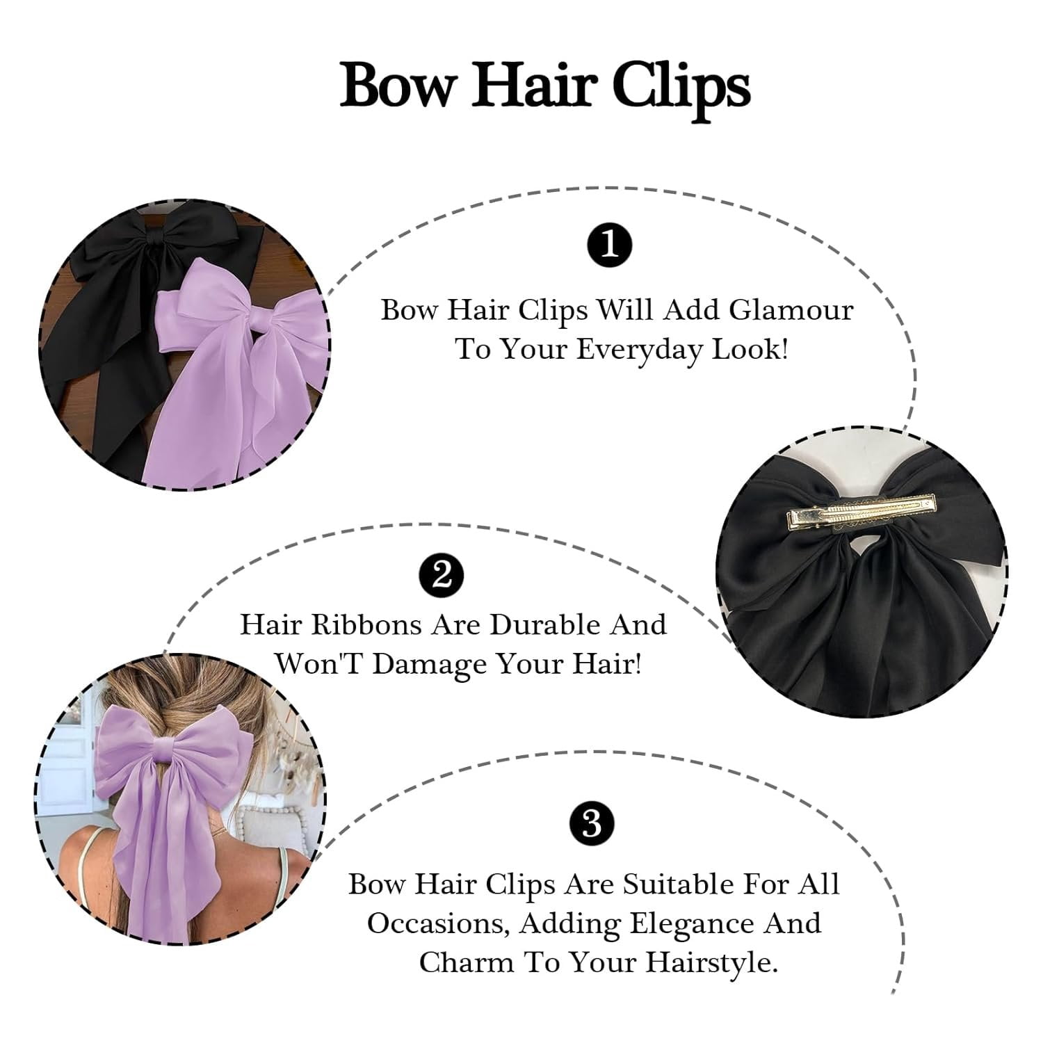 Large Bow Hair Clips with Long Tails - Ribbon Bowknot Pins Accessories for Women, Party Gifts for Girls ()