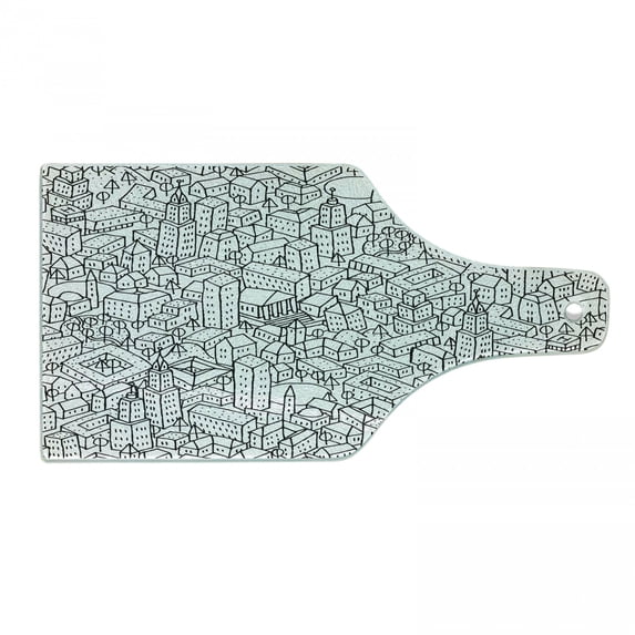 City Cutting Board, Crowded Urban Life Depiction in a Simple Black and White Drawing Big Buildings, Decorative Tempered Glass Cutting and Serving Board, Wine Bottle Shape, Black White, by Ambesonne