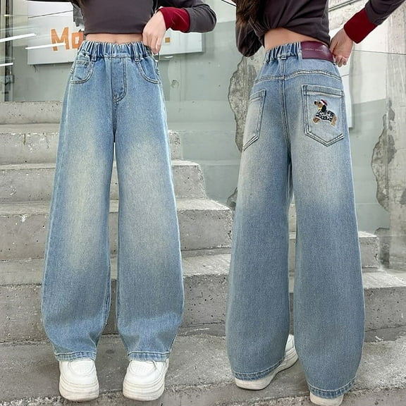 Girls' Loose Pants Wide Leg Baggy Jeans Elastic Waist Denim Pants Casual Trousers With Pockets Cozy Girls Pants Blue 4-5 Years
