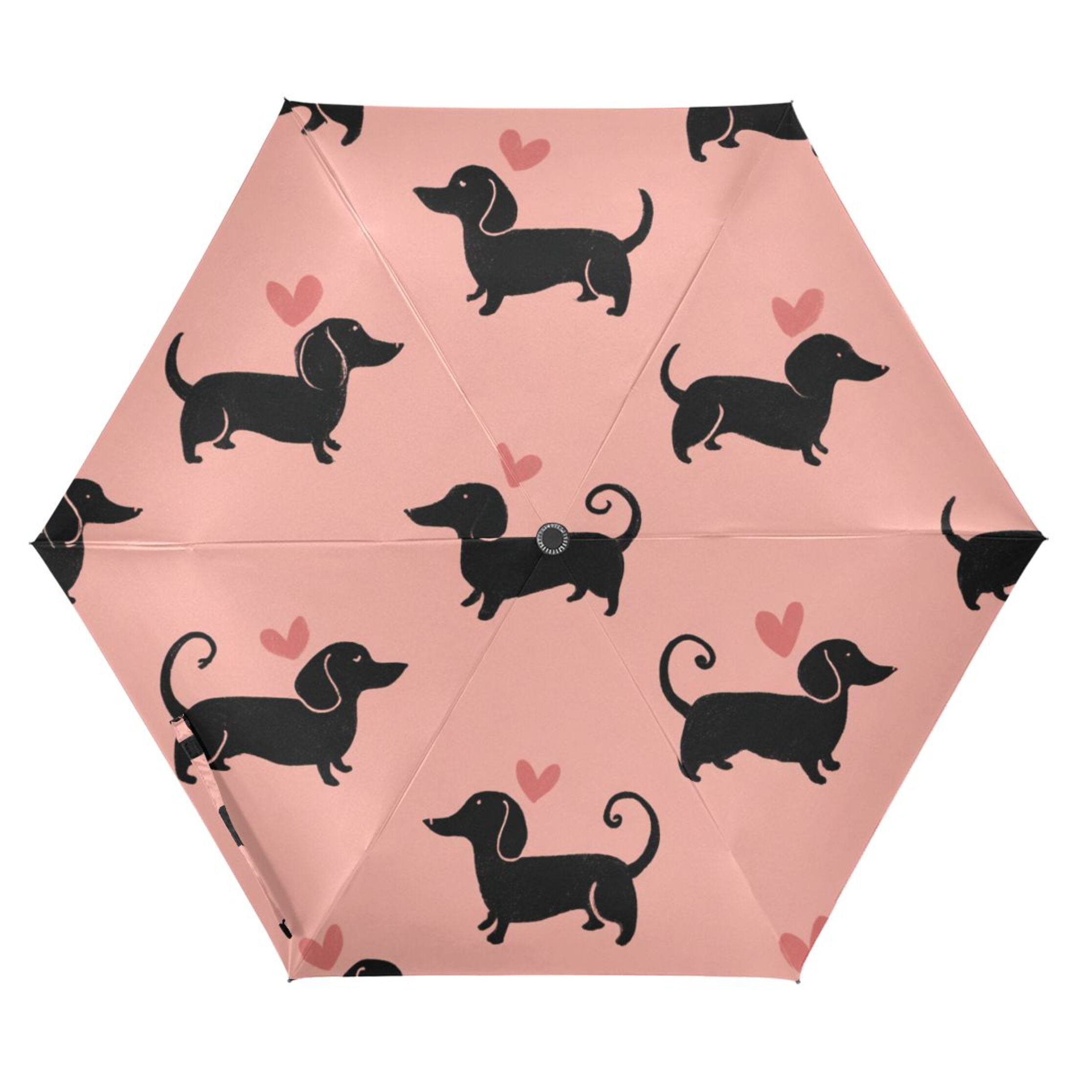 Dachshund Dog with Hearts Valentine All Weather Umbrella Triple Folding Parasol 6 Ribs UV Protection Portable