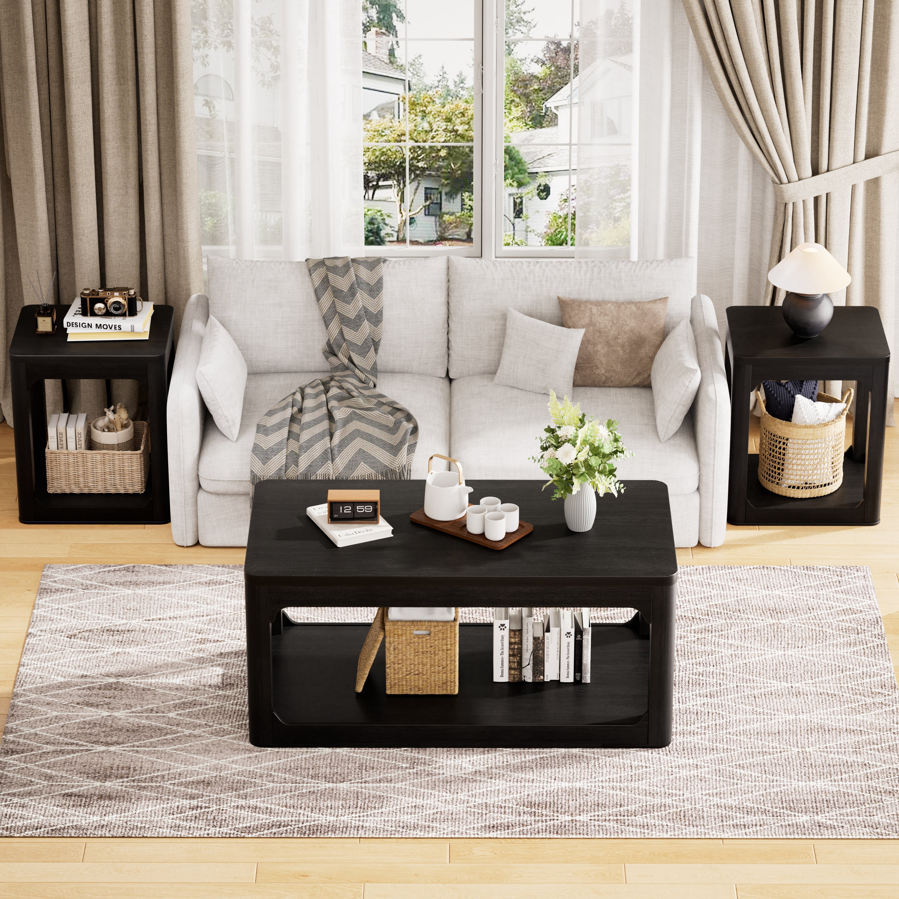 3 Piece Living Room Coffee Table Set, Coffee Table And Side Table Set, Featuring Ample Storage Space And Smooth, Rounded Edges. Ideal For Living Rooms, Bedrooms, Offices