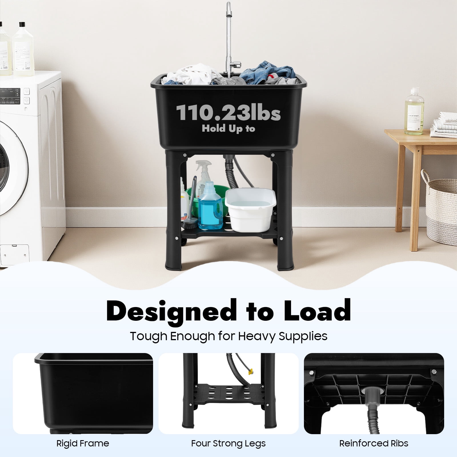 Miumaeov Utility Sink with Faucet for Laundry Room and Garage, Plastic Bathroom Laundry Sink Freestanding Laundry Tub Outdoor Sink Ideal for Workshop, Bathroom, Kitchen