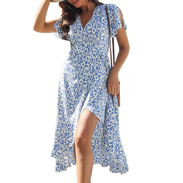 Vestido de manga corta con escote en V y estampado floral, con cinturón azul y dobladillo con volantes para fiestas en la playa, talla M