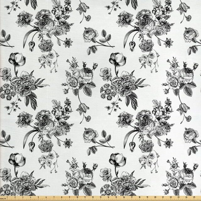 Black and White Sofa Upholstery Fabric by the Yard, Vintage Floral