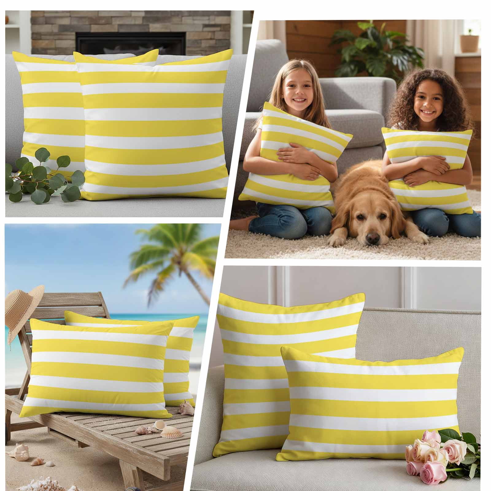 Yellow Striped Outdoor Waterproof Pillow Covers, Modern Simple Monochrome Geometric White Decorative Square Throw Pillowcase Sofa Cushion Sham for Patio/Couch/Chair, 20"x20" 2 Pack