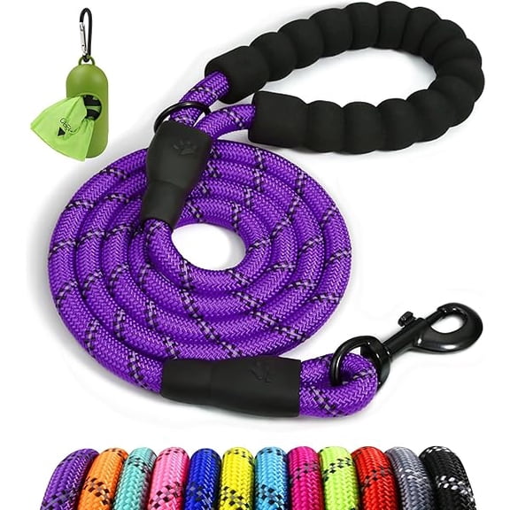Eryueer Rope Dog Leash 5 FT with Comfortable Padded Handle, Highly Reflective Threads Leash and Anti-Tangle Clip for Walking Medium Large Dogs, 1/2 inch, Purple