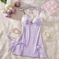 thumbnail image 5 of JSGEK Women Contrast Lace Trim Chemise Dress and Thong Set Adjustable Spaghetti Straps Nightwear Lingerie Set Purple M, 5 of 8
