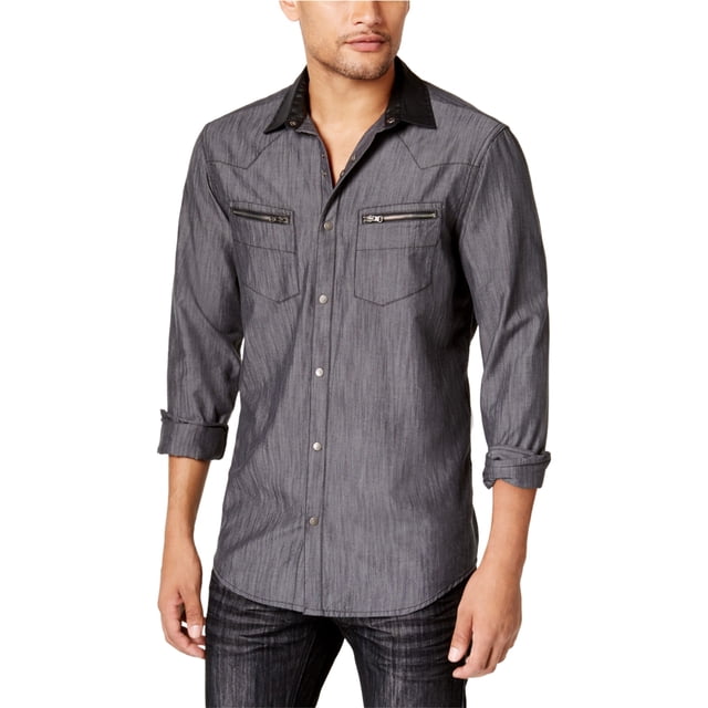 INC Chambray Snap-Front Button Up Shirt para hombre, gris, grande I-N-C Botones al frente