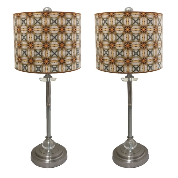 Royal Designs 28" Crystal and Brushed Nickel Buffet Lamp with Yellow and Gold Kaleidoscope Design Hard Back Lamp Shade, Set of 2