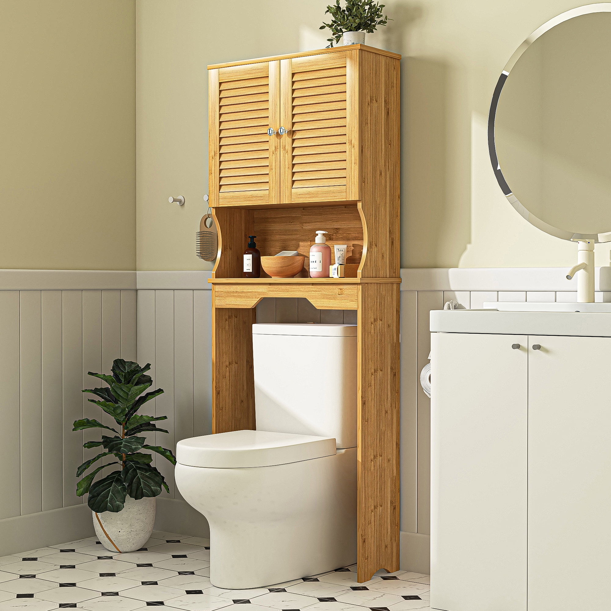 Kadyn Bathroom Space Saver Cabinet, Over The Toilet Storage Cabinet with Double Doors and 1 Adjustable Shelf, W Bathroom Space Saver for Home, Natural