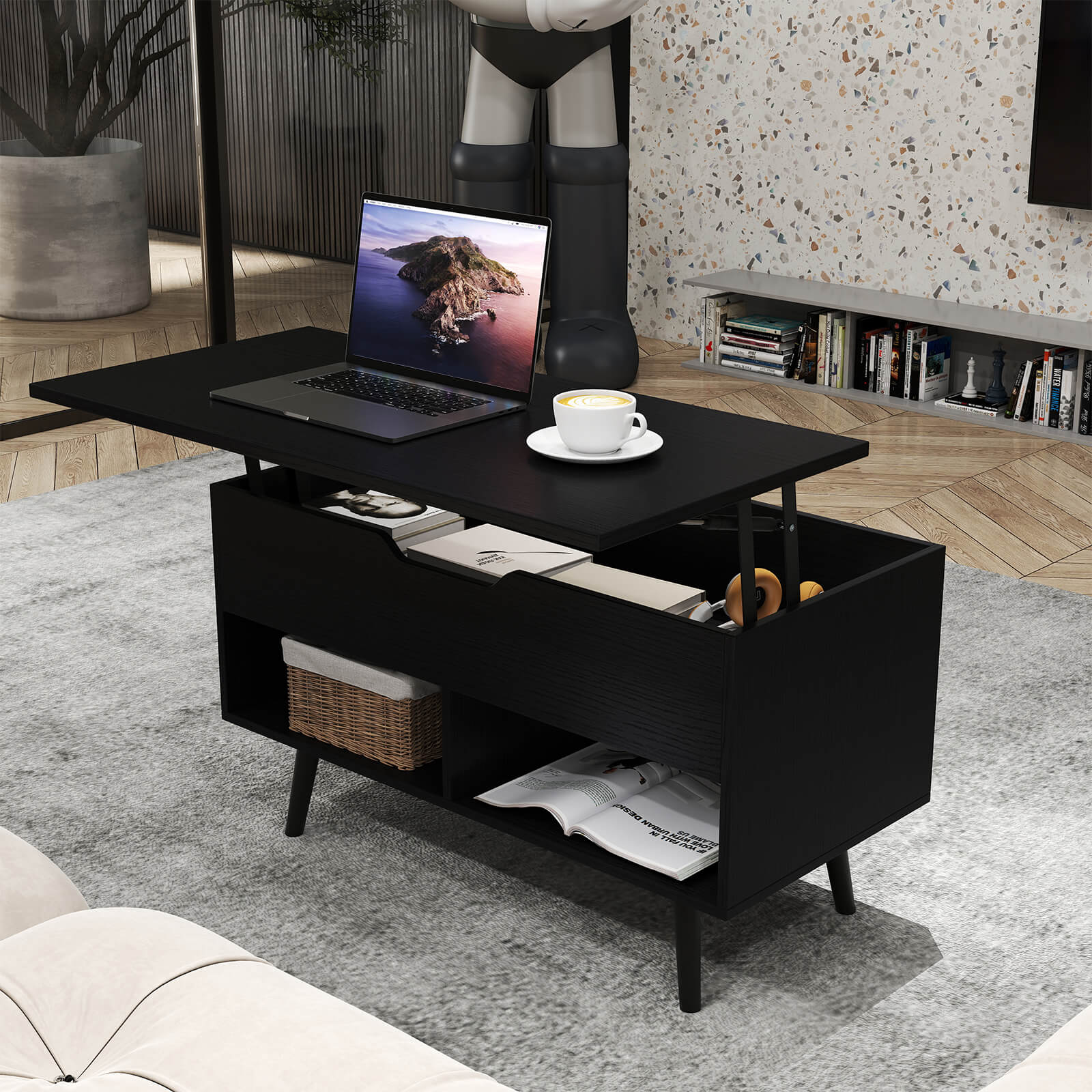 Costway Lift Top Coffee Table with Hidden Compartment Open Storage Shelves for Reception Black