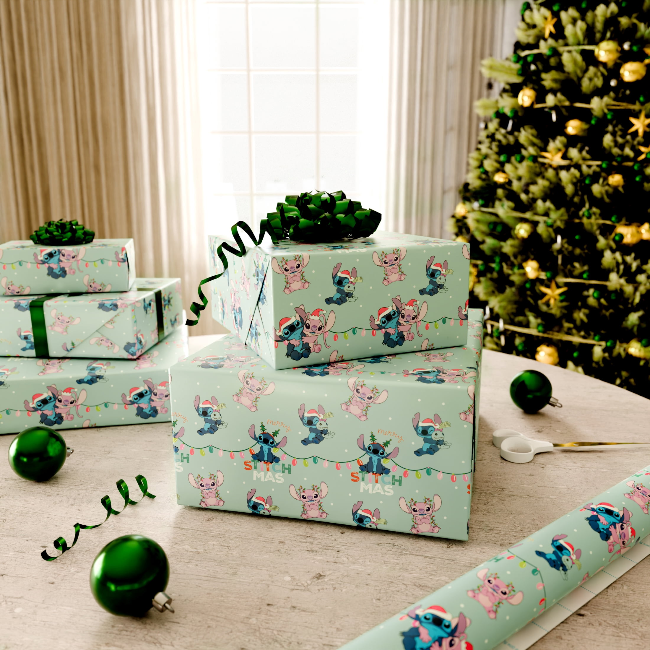 Plus Mark 40 in. Lilo and Stitch Light Blue Christmas Wrapping Paper with Cutlines (60 Sq. ft., 1-Roll)