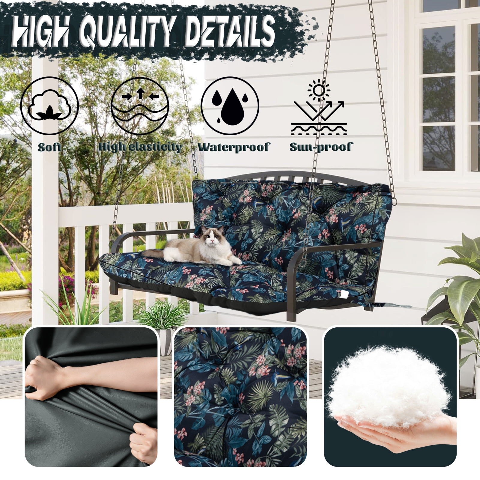 Replacement Cushions for Outdoor Swing, Swing Replacement Cushions Thicken 4" with Backrest, Waterproof Bench Cushions for Patio Furniture Porch Swing Cushions (Hummingbird Flowers)