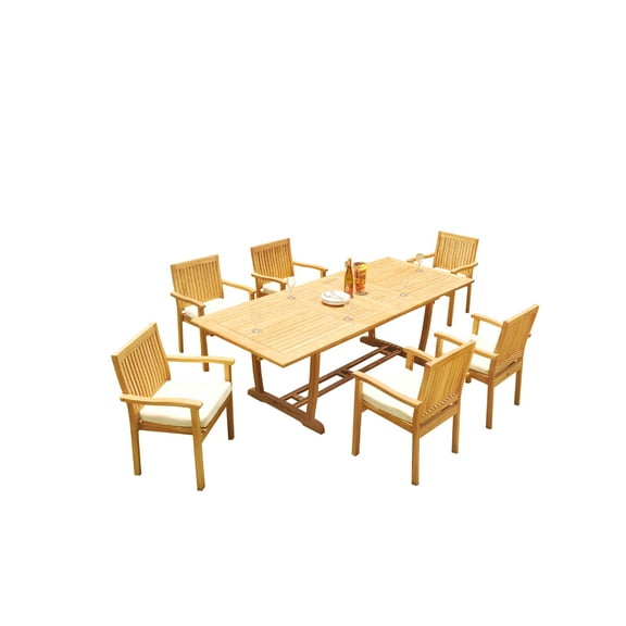 Grade-A Teak Dining Set: 6 Seater 7 Pc: 94" Mas Rectangle Trestle Leg Table And 6 Leveb Stacking Arm Chairs Outdoor Patio WholesaleTeak #51LV2107