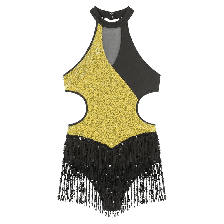 YONGHS Women's Sequins Tassel Latin Dance Dress Samba ChaCha Rumba Tango  Dance Leotard Costume Gold XL - Walmart.com