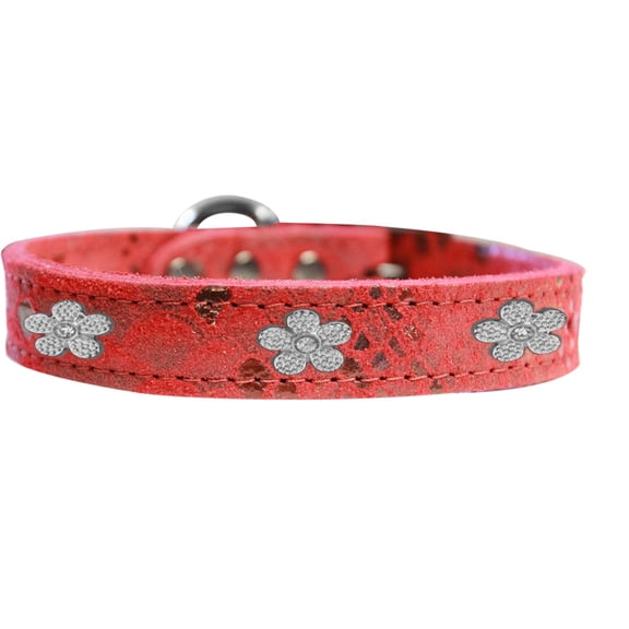 Silver Flower Widget Dragon Skin Genuine Leather Dog Collar Size Size 20 Red