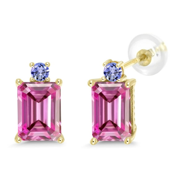 Gem Stone King 10K Yellow Gold Earrings Octagon Pink Moissanite and Tanzanite (3.66 Cttw)