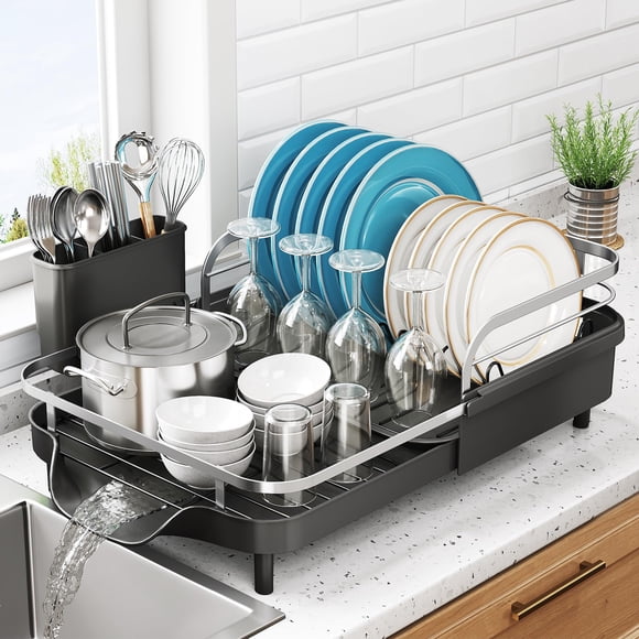 SNTD Dish Drying Rack, Expandable Dish Rack for Kitchen Counter, Stainless Steel Dish Drainer with Drainboard Set and Utensil Hol