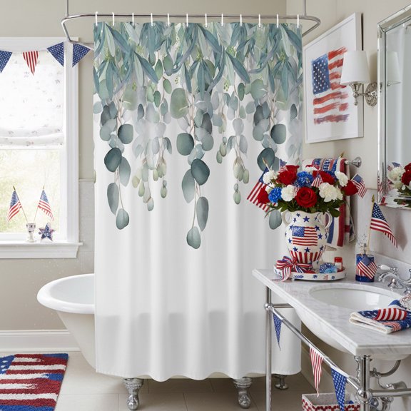 Spring Green Eucalyptus Leaf on The Top Shower Curtain for Bathroom, Watercolor Botanical Waterproof Shower Curtains Washable Quick Dry with Hooks Bathtub Curtains 72x72IN