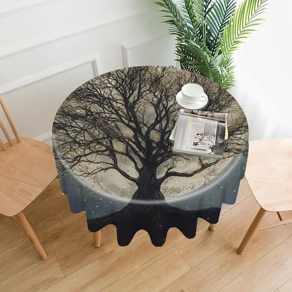RKSupls 60 Inch Round Tablecloth, Tree Moon Night Premium Polyester Straight Edge Wrinkle Resistant Washable Table Cover for Party Home Dining Decor