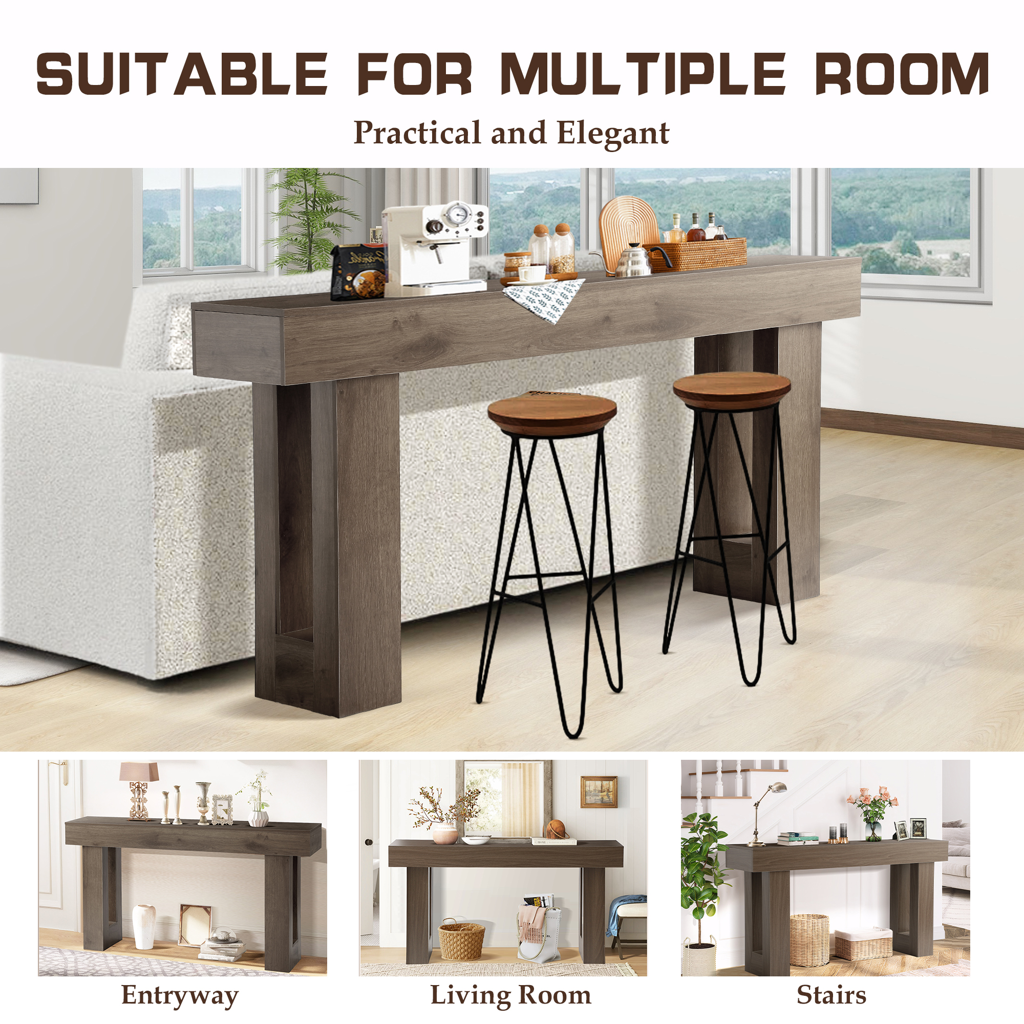 Magic Union 63" Long Console Table for Entryway, Wood Rectangular Sofa Table Behind Couch with 2-tier Open Storage and Weighted Base, Foyer Accent Tables for Entryway, Hallway, Living Room
