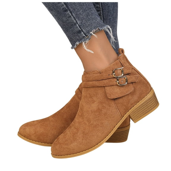 Rokment Womens Dress Ankle Boots Fall Winter Trendy Buckles Suede Pointed Toe Chunky Low Heel Zip up Short Booties for Ladies Brown Size 6.5