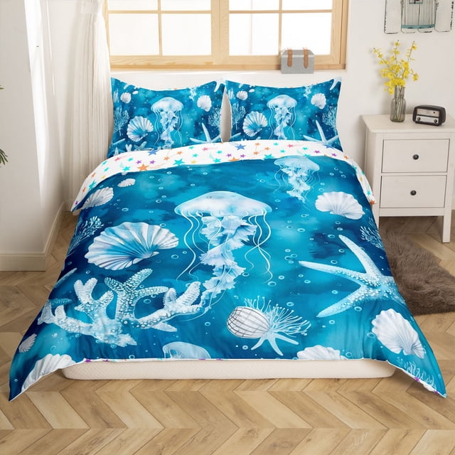 Erosebridal Housse de Couette Méduse de Rêve Simple, Housse de Couette Poisson Satr Océan Simple, Décoration Animale Aquarelle, Réversible (Sans Couette)