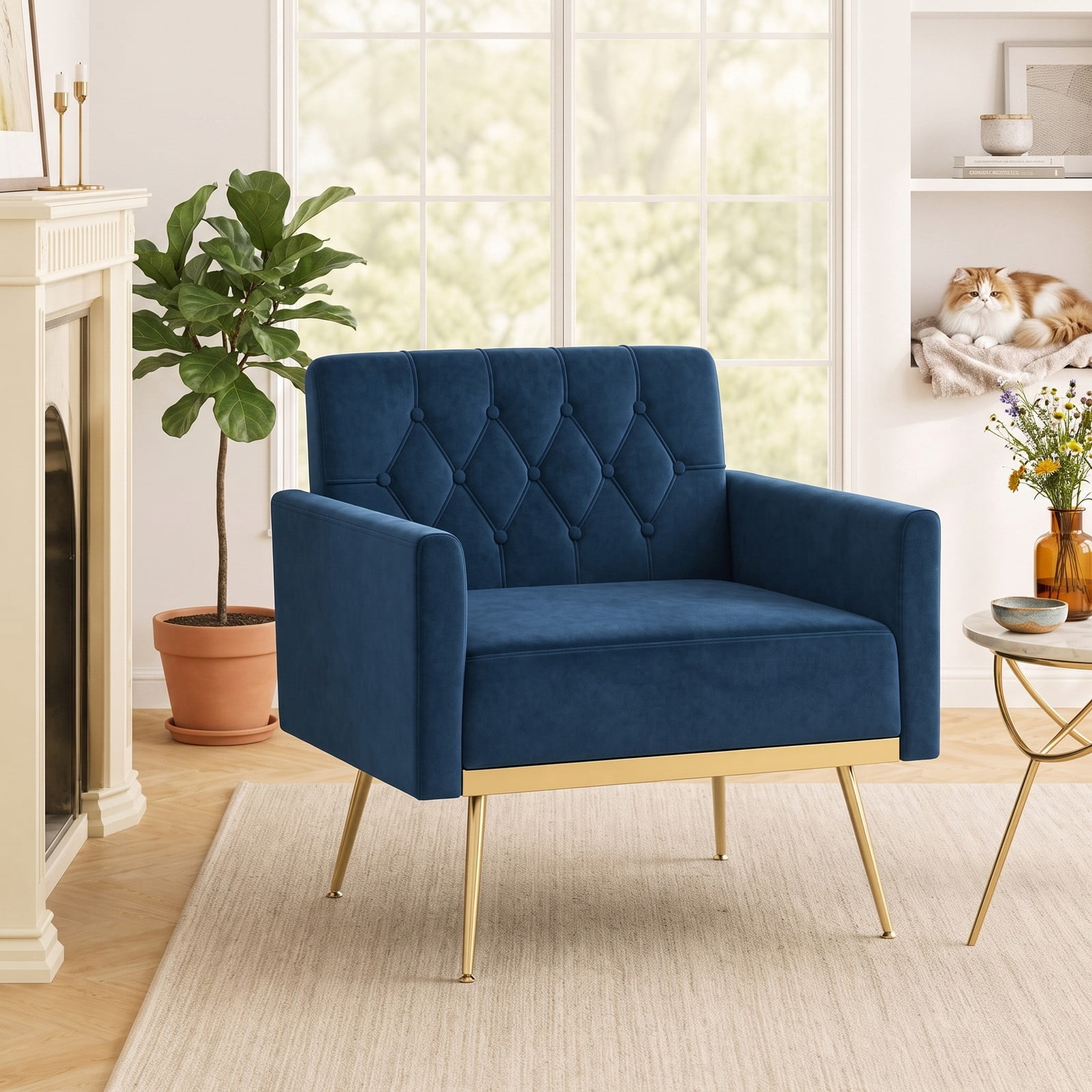 Furnibear Modern Velvet Accent Chair, Button-Tufted Upholstered Single Sofa Armchair with Metal Legs and Adjustable Feet for Living Room Bedroom Study, Holds 350, Blue