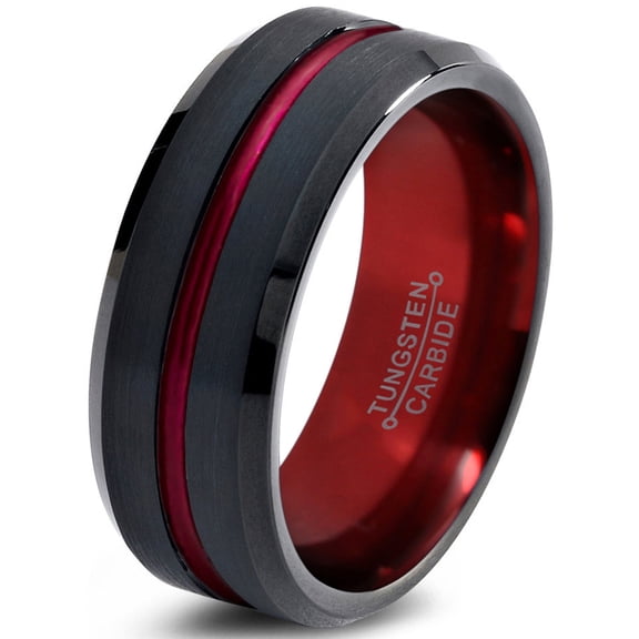 P. Manoukian Tungsten Wedding Band Ring 8mm for Men Women Red Black Beveled Edge Brushed Polished Lifetime Guarantee Size 5